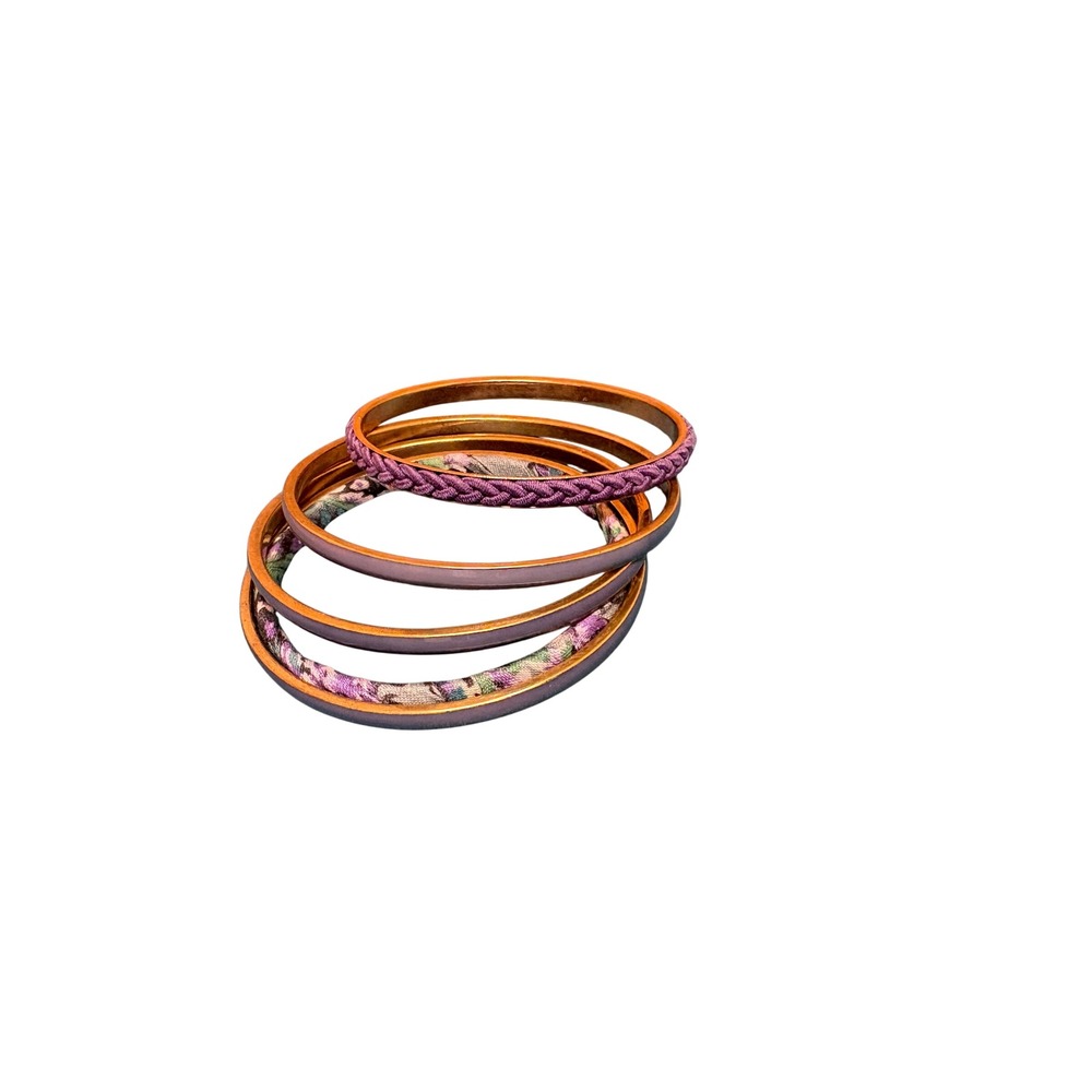 Purple Floral Braided Enamel Stacking Bangle Bracelet Set 5pc Brass Tone
